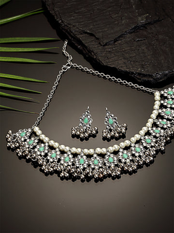 Oxidised Silver Light Green Kundan Studded Handcrafted Necklace Set