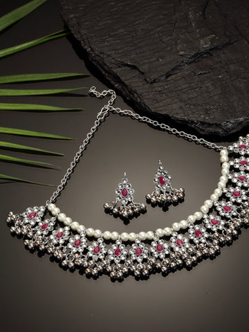 Oxidised Silver Red Kundan Studded Handcrafted Necklace Set