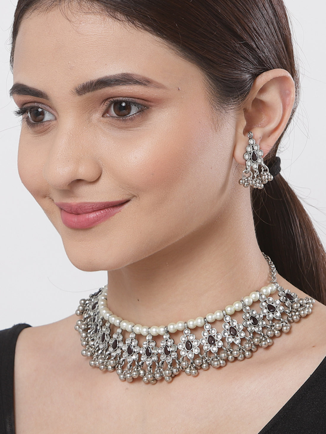 Oxidised Silver Black Kundan Studded Handcrafted Necklace Set