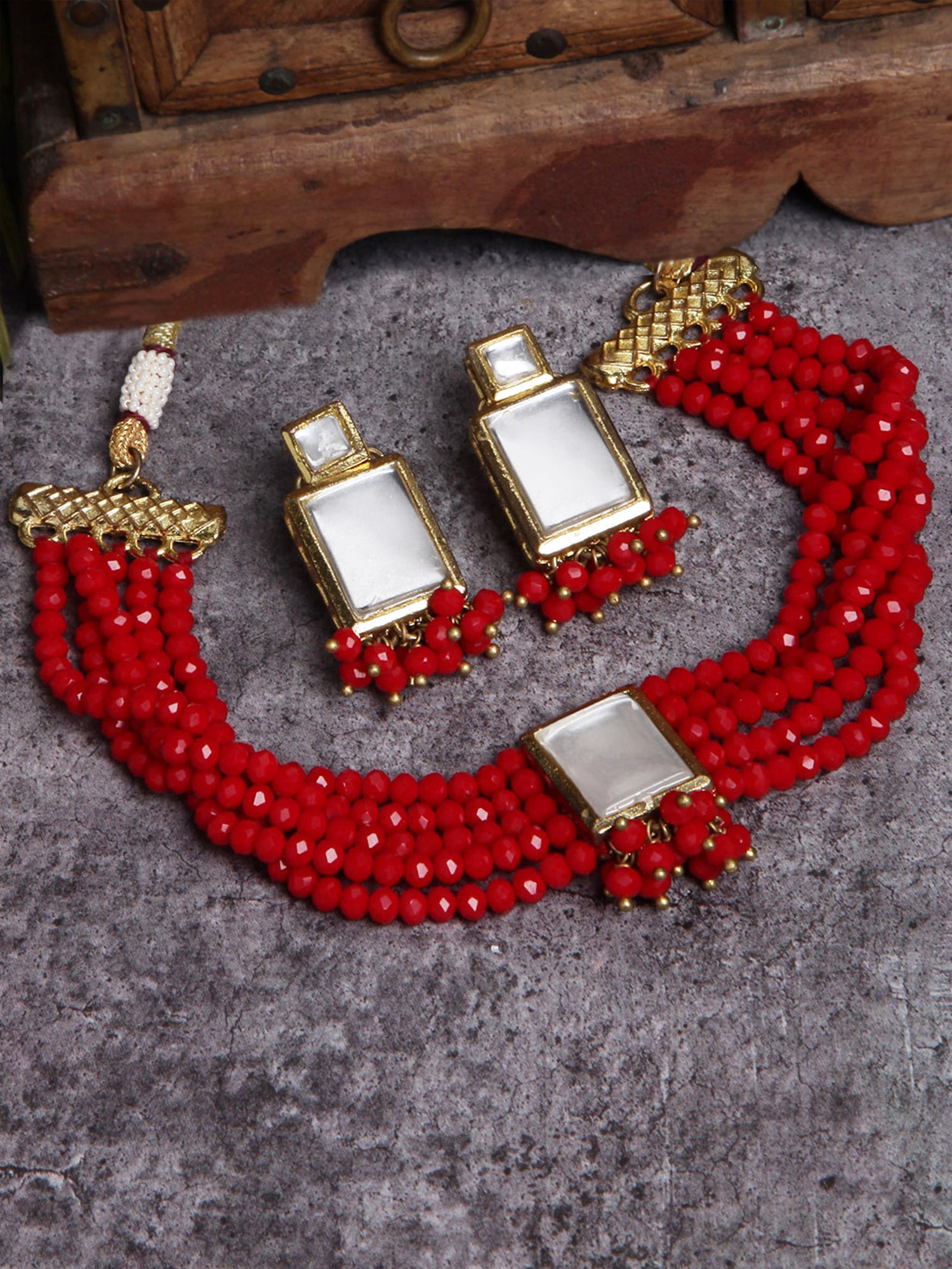 Traditional Red Crystal Kundan Choker Necklace Set