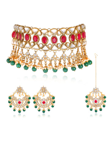 Red Choker Designer Gold Plated Necklace Set with Green Beads