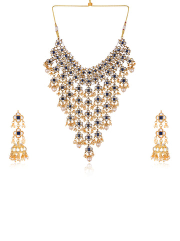 Traditional Pearl and Blue Meena Designer Gold Plated Kundan Necklace Set