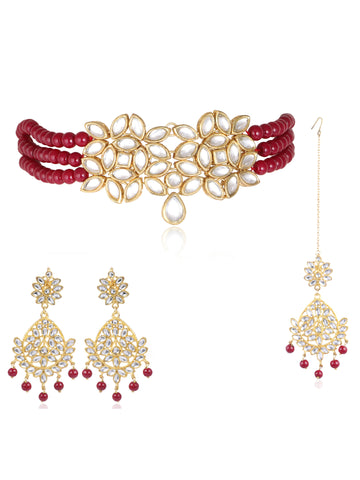 Red Beaded Pearl Kundan Choker Necklace Set