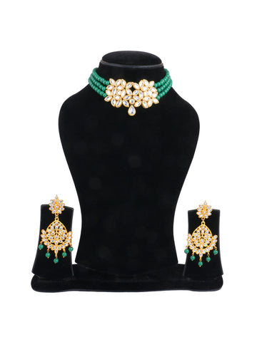 Green Beaded Pearl Kundan Choker Necklace Set