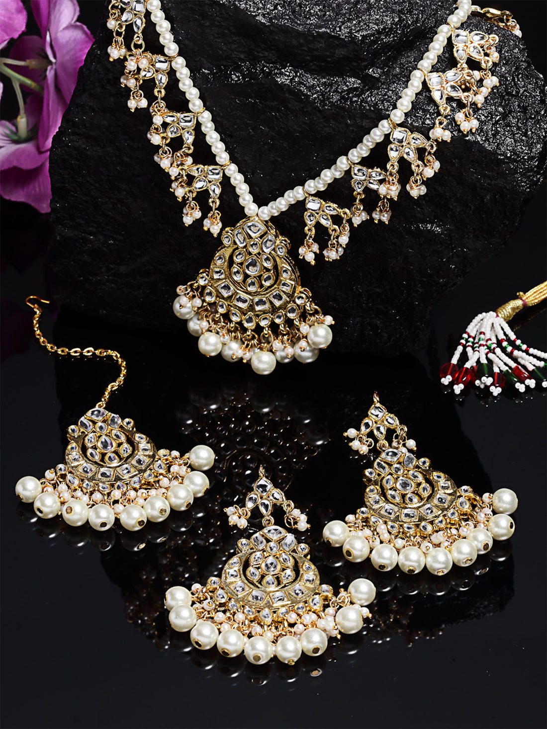 Gold Plated Pearl Studded Tasselled Rani Haar Necklace Set