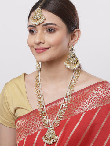 Gold Plated Pearl Studded Tasselled Rani Haar Necklace Set