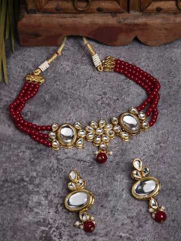 Red Multistrand Embellished Choker Necklace Set