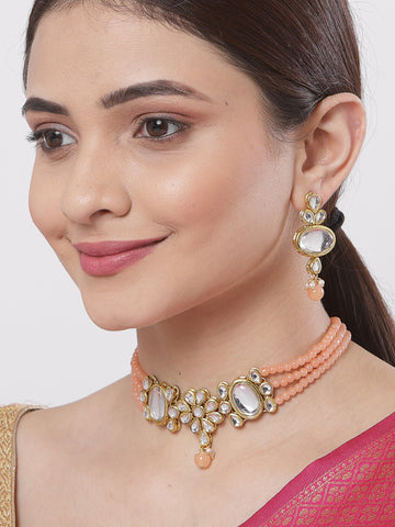 Peach Multistrand Embellished Choker Necklace Set