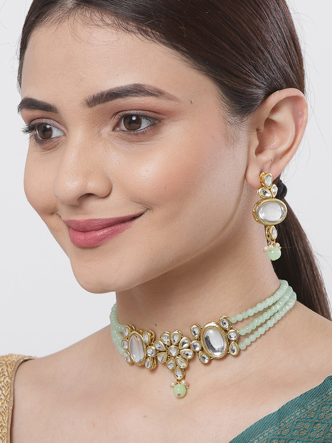 Light Green Multistrand Embellished Kundan Choker Necklace Set