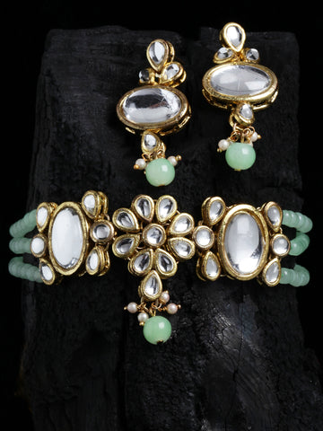 Light Green Multistrand Embellished Kundan Choker Necklace Set