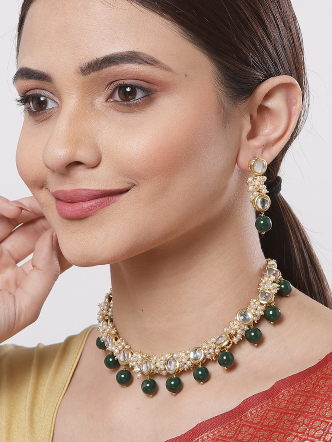 Gold-Plated Green Beads and Pearl Ball Studded Handcrafted Kundan Necklace Set