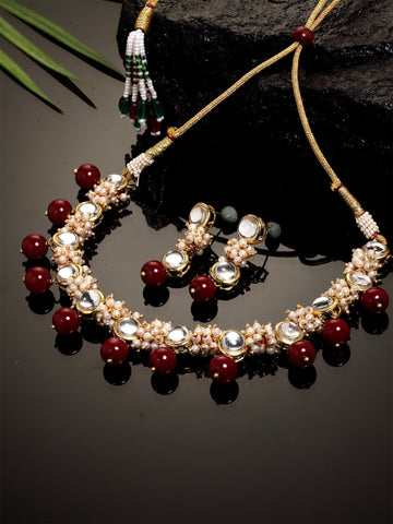 Gold-Plated Red Beads and Pearl Ball Studded Handcrafted Kundan Necklace Set