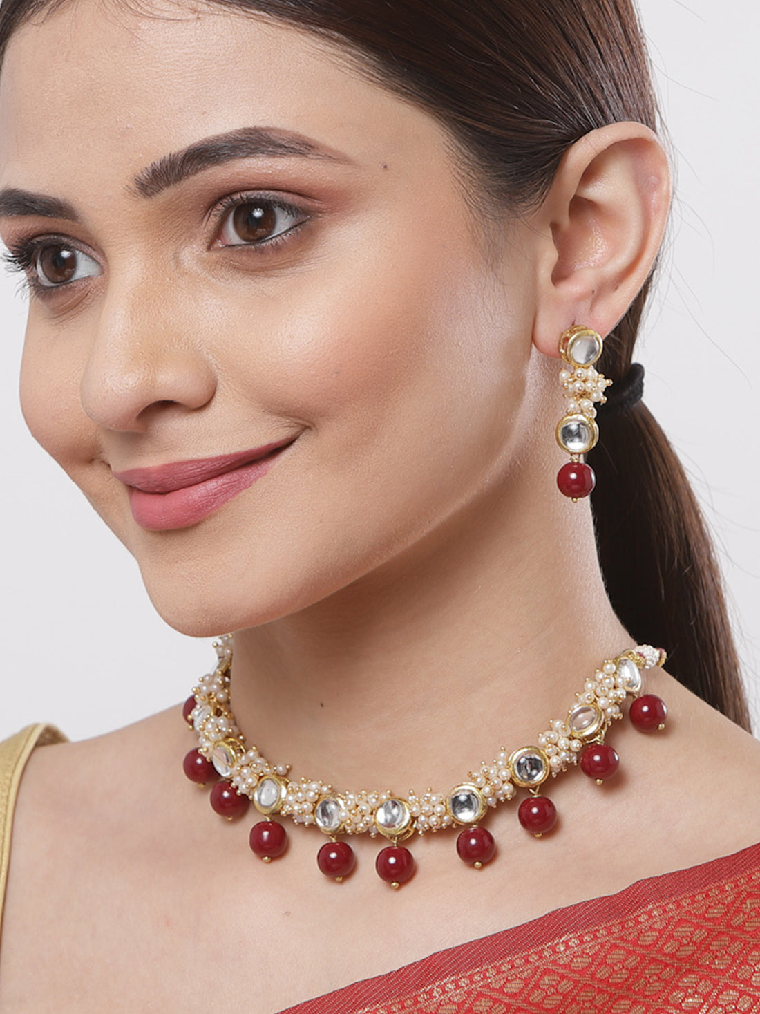 Gold-Plated Red Beads and Pearl Ball Studded Handcrafted Kundan Necklace Set