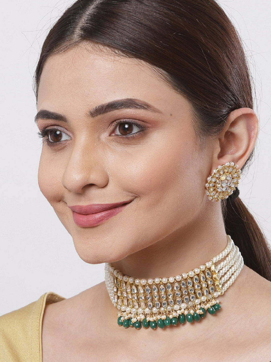 Green Tumble Studded Beaded Kundan Choker Necklace Set