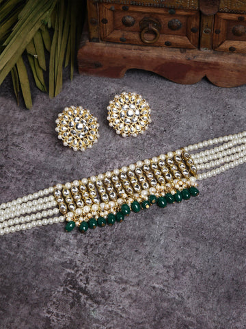 Green Tumble Studded Beaded Kundan Choker Necklace Set