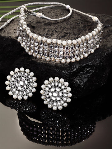 Handcrafted Oxidised Silver Pearl and Kundan Studded Choker Necklace Set