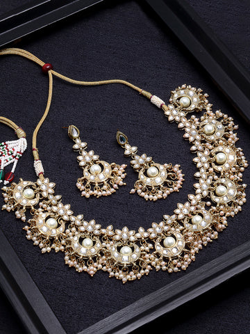 Traditional Gold Plated Moon Shaped White Kundan Studded Necklace Set