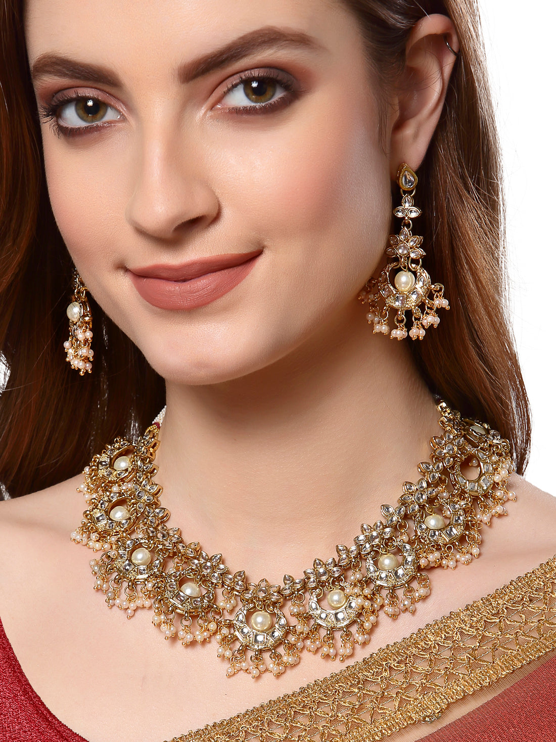 Traditional Gold Plated Moon Shaped White Kundan Studded Necklace Set