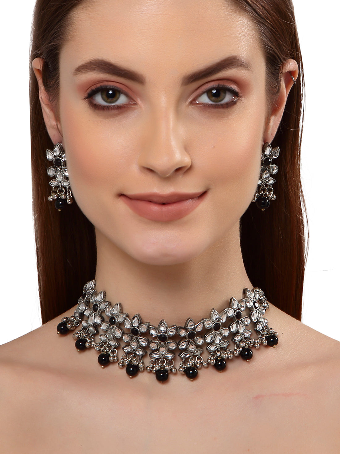 Oxidised Silver Black Beads Kundan Choker Necklace Set