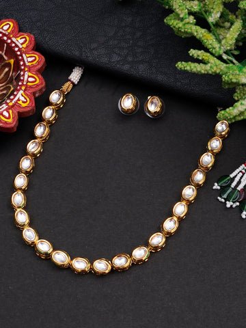 Traditional Gold Plated Oval Shaped Polki Kundan Necklace Set