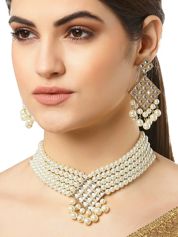 Handcrafted Pearl Beads Gold Plated Kundan Choker Necklace Set