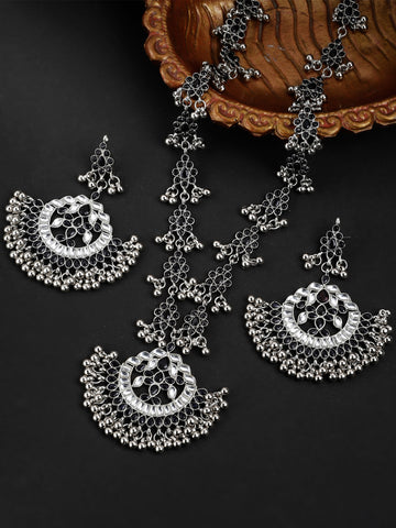 Oxidised Silver Black Kundan Studded Antique Rani Haar Necklace Set