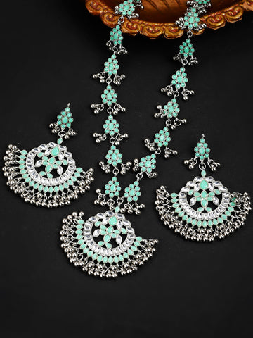 Oxidised Silver Lime Green Kundan Studded Antique Rani Haar Necklace Set