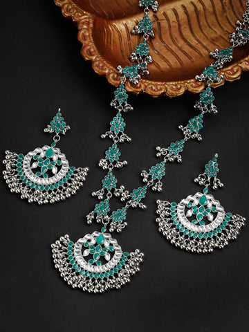 Oxidised Silver Green Kundan Studded Antique Rani Haar Necklace Set