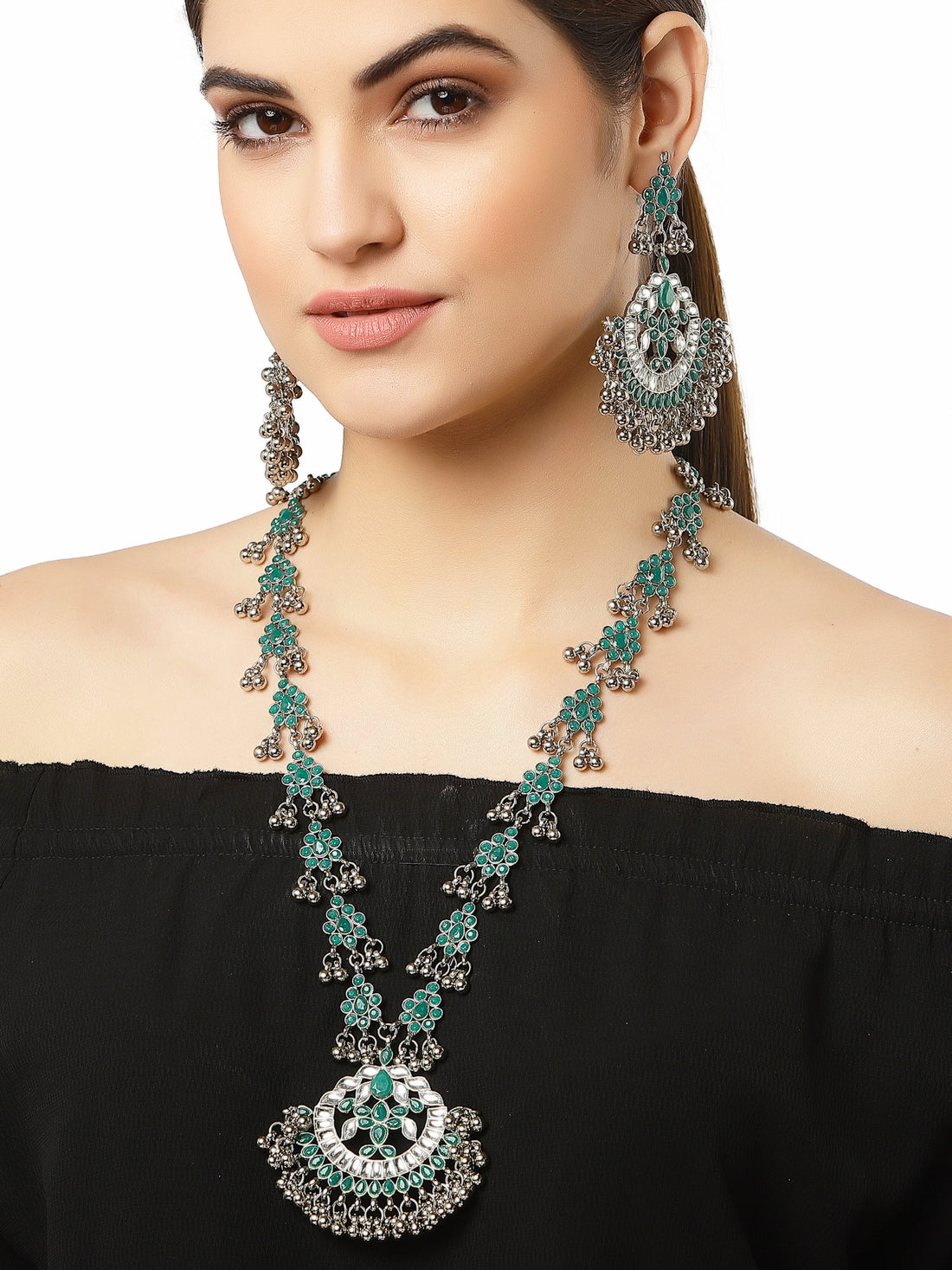 Oxidised Silver Green Kundan Studded Antique Rani Haar Necklace Set