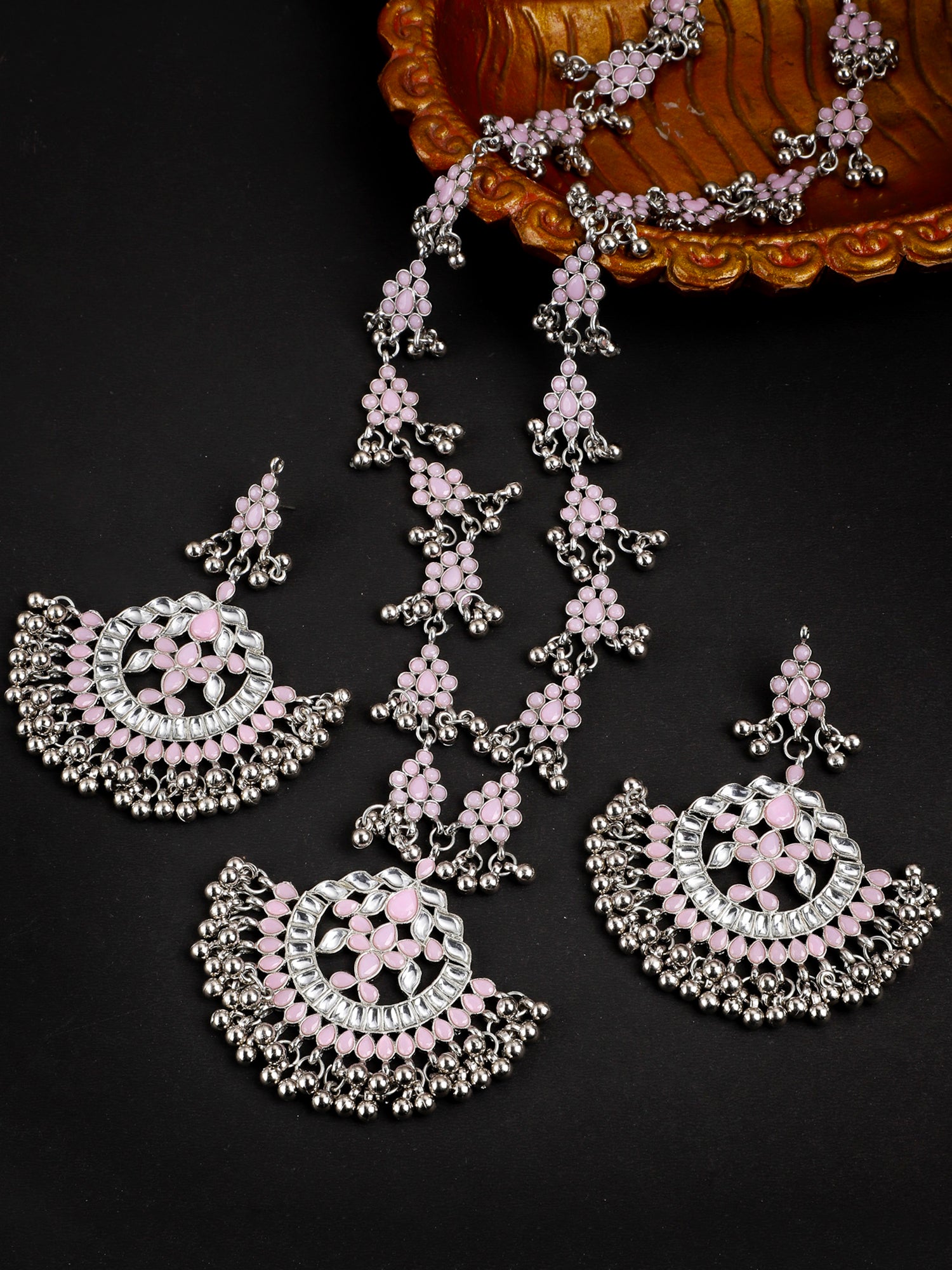 Oxidised Silver Baby Pink Kundan Studded Antique Rani Haar Necklace Set