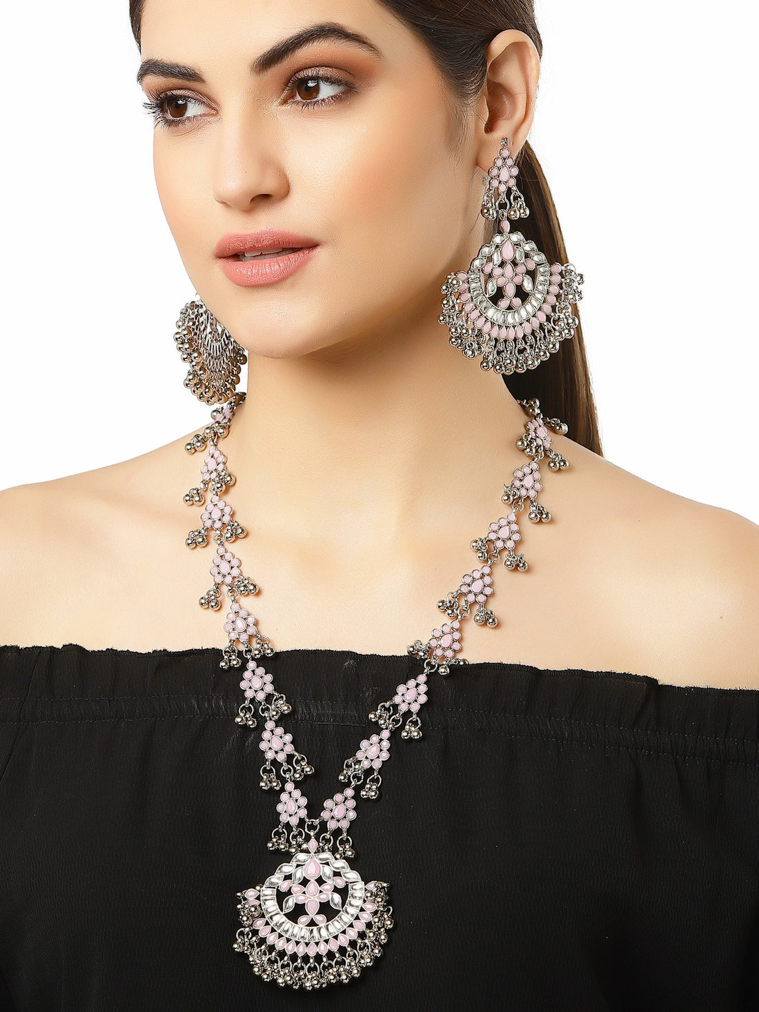 Oxidised Silver Baby Pink Kundan Studded Antique Rani Haar Necklace Set