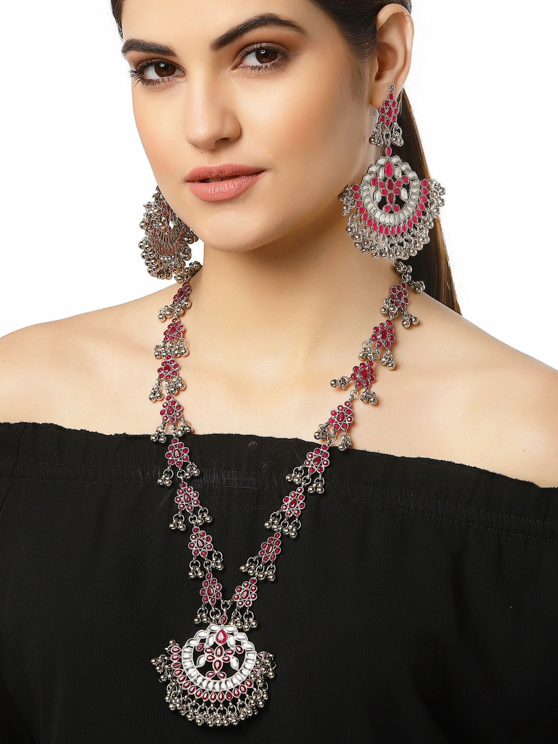 Oxidised Silver Ruby Red Kundan Studded Antique Rani Haar Necklace Set