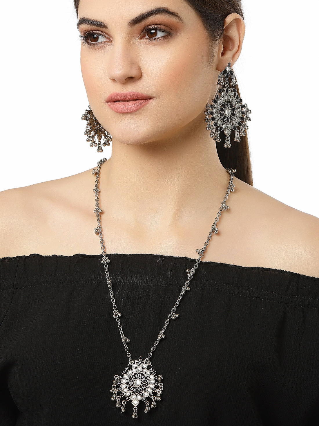 Oxidised Antique Balck and White Kundan Studded Oxidised Silver Rani Haar Necklace Set