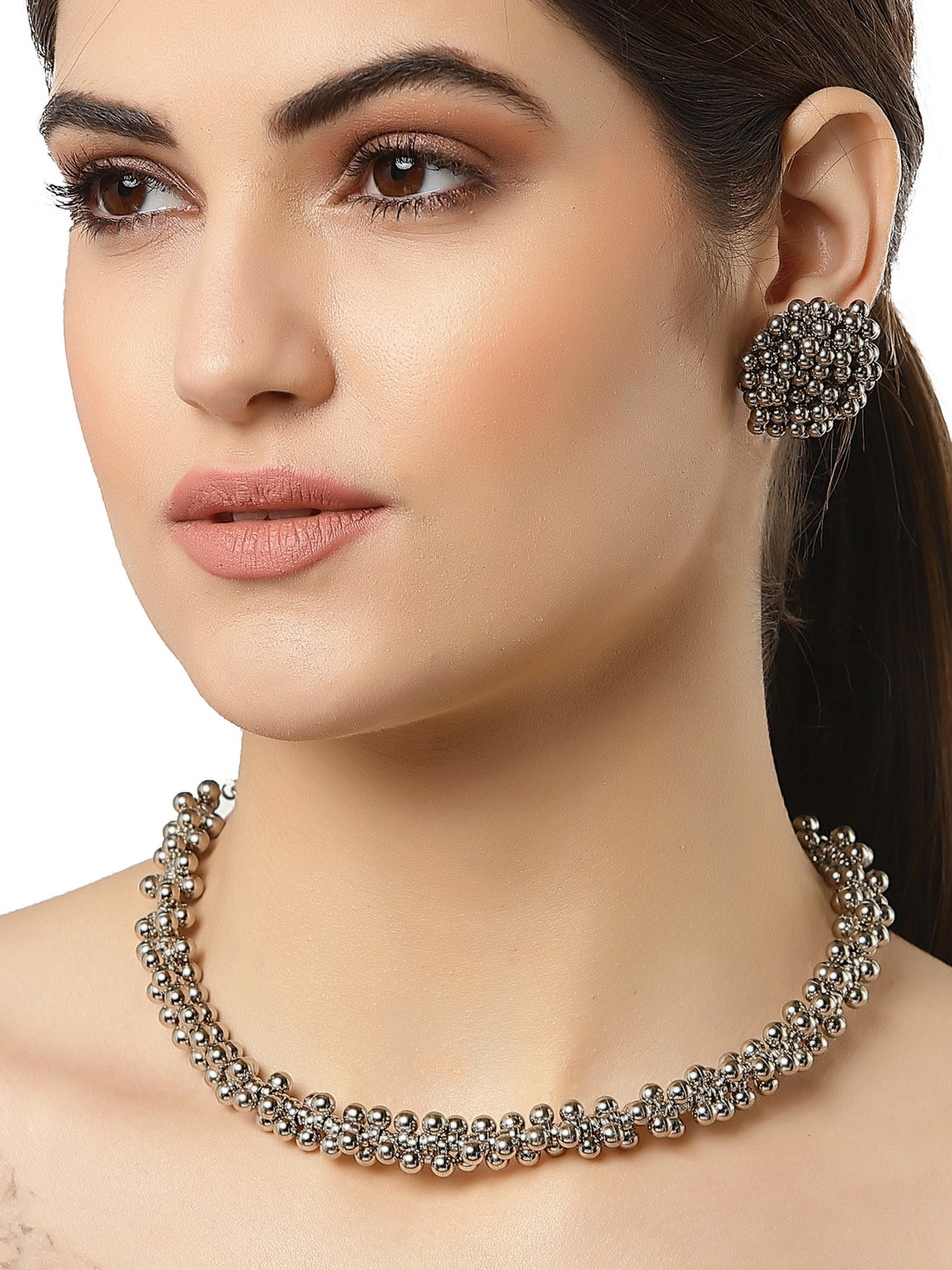 Oxidised Silver Tone Tassel Ball Choker Necklace Set