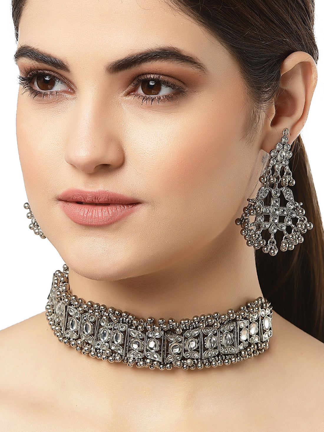 Oxidised Silver Tone Kundan and Tassel Ball Studded Choker Necklace Set