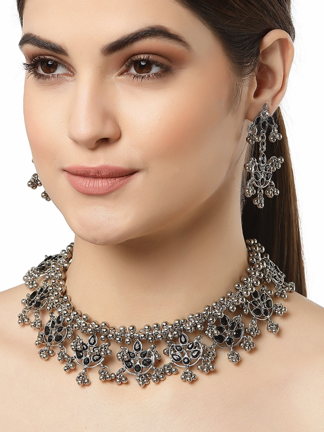 Oxidised Silver Tone Black Kundan and Tassel Ball Studded Choker Necklace Set