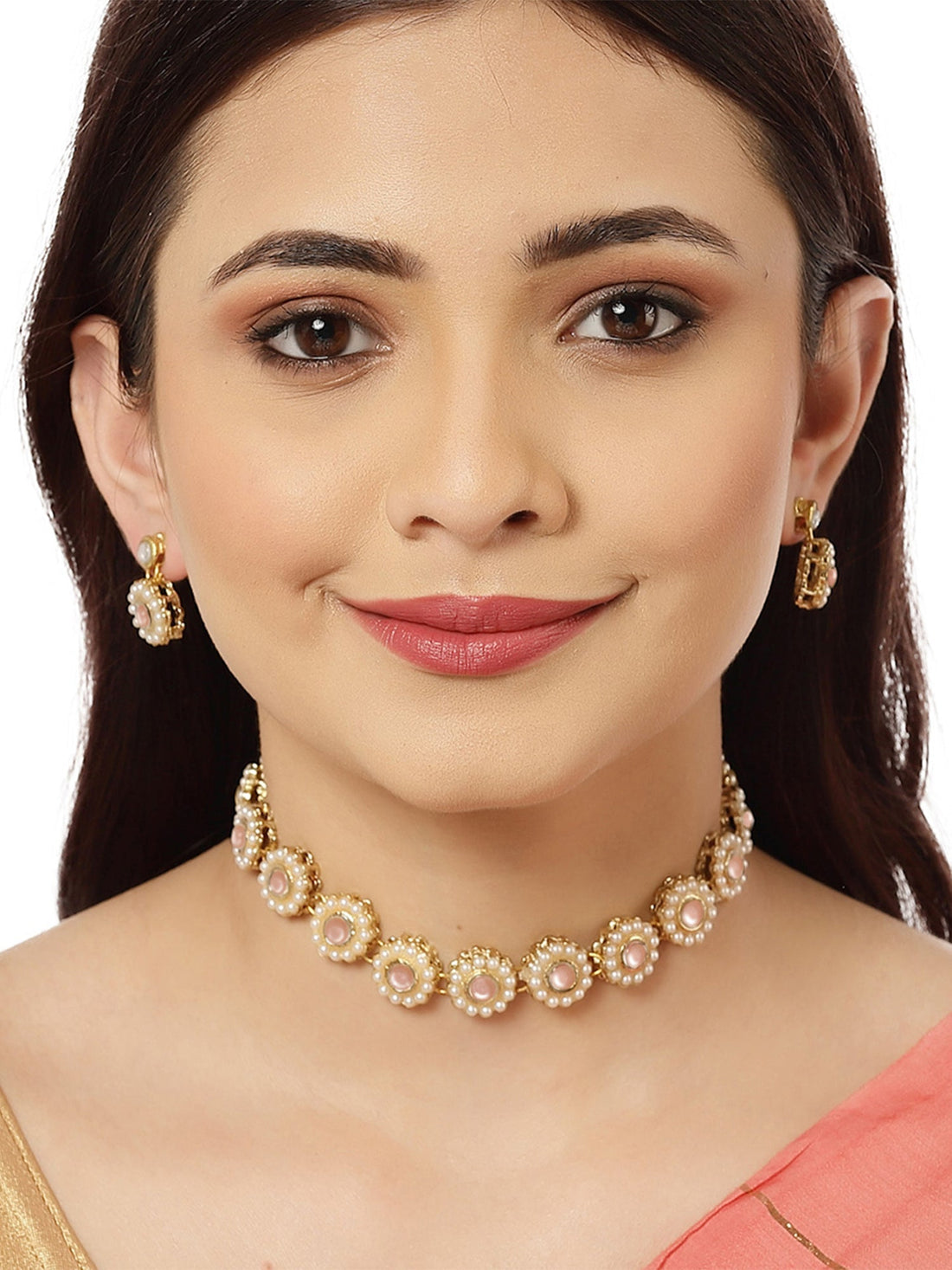 Karatcart Handcrafted Gold Peach Beads Kundan Choker Necklace Set