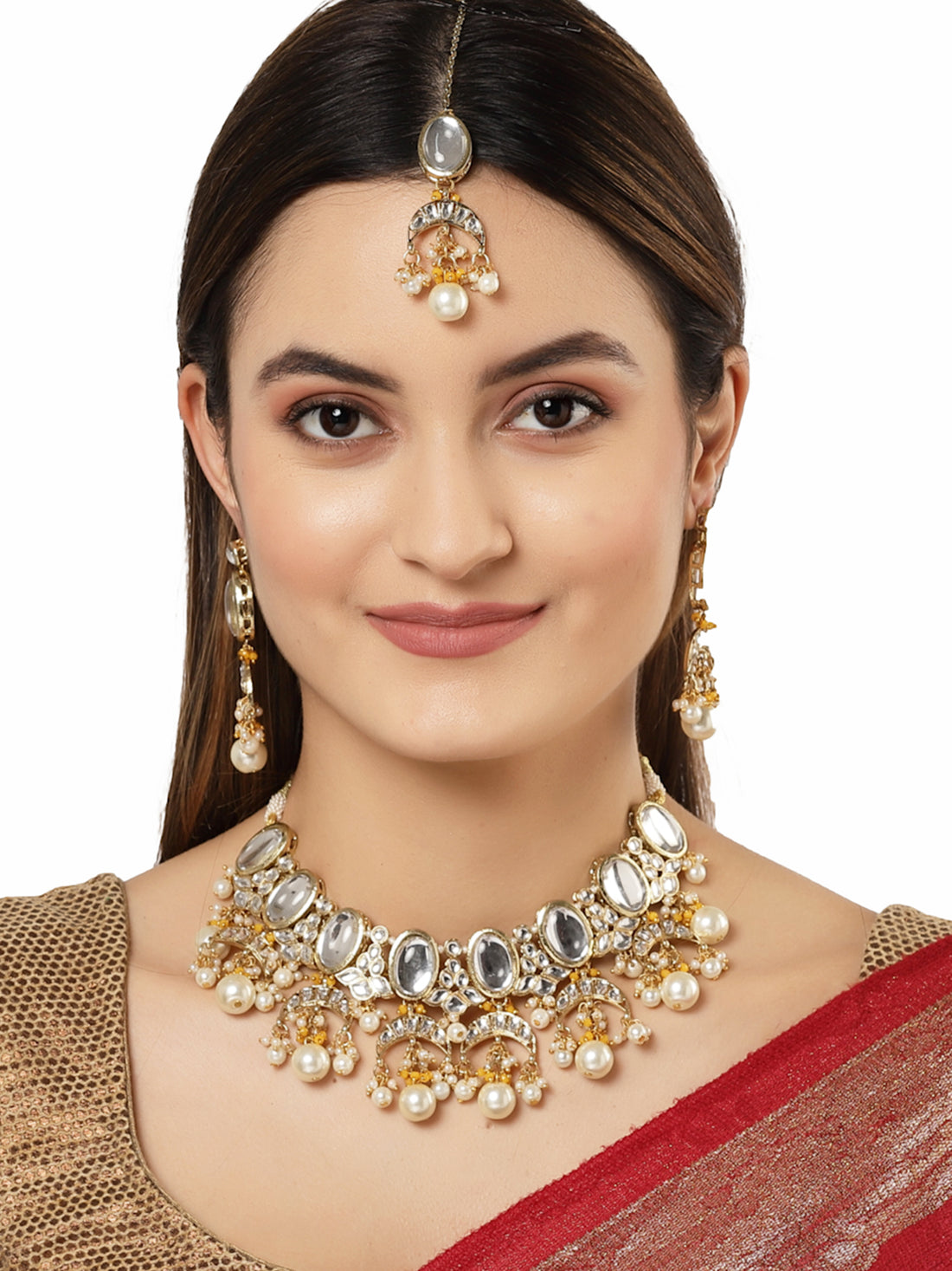 Karatcart Gold Plated Yellow Crystal and Pearl Kundan Choker Necklace Setfor Women