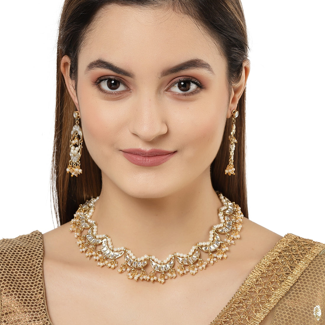 Karatcart Gold Plated Moon Shaped white Kundan Neckalce Setfor Women