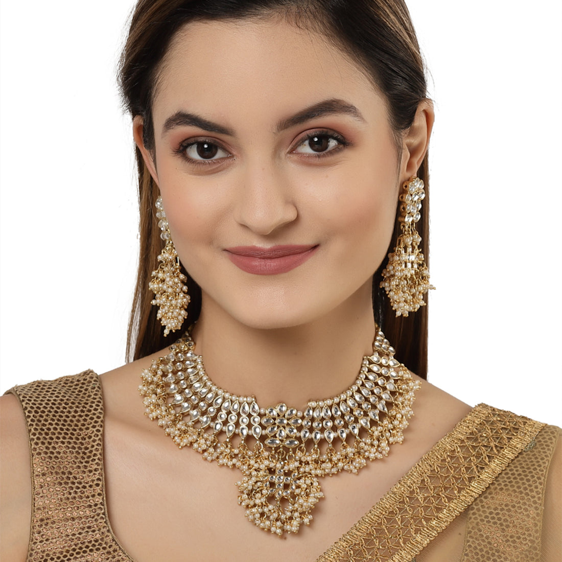 Karatcart Gold Plated Tassel Pearl Kundan Choker Necklace Set for Women