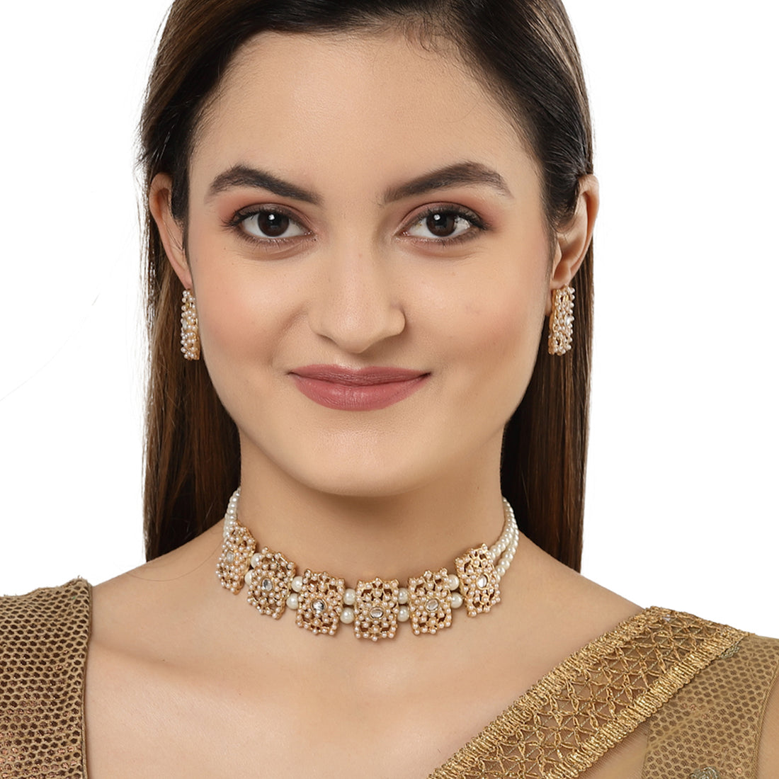 Karatcart Gold Plated Embellished Pearl Kundan Choker Necklace Setfor Women