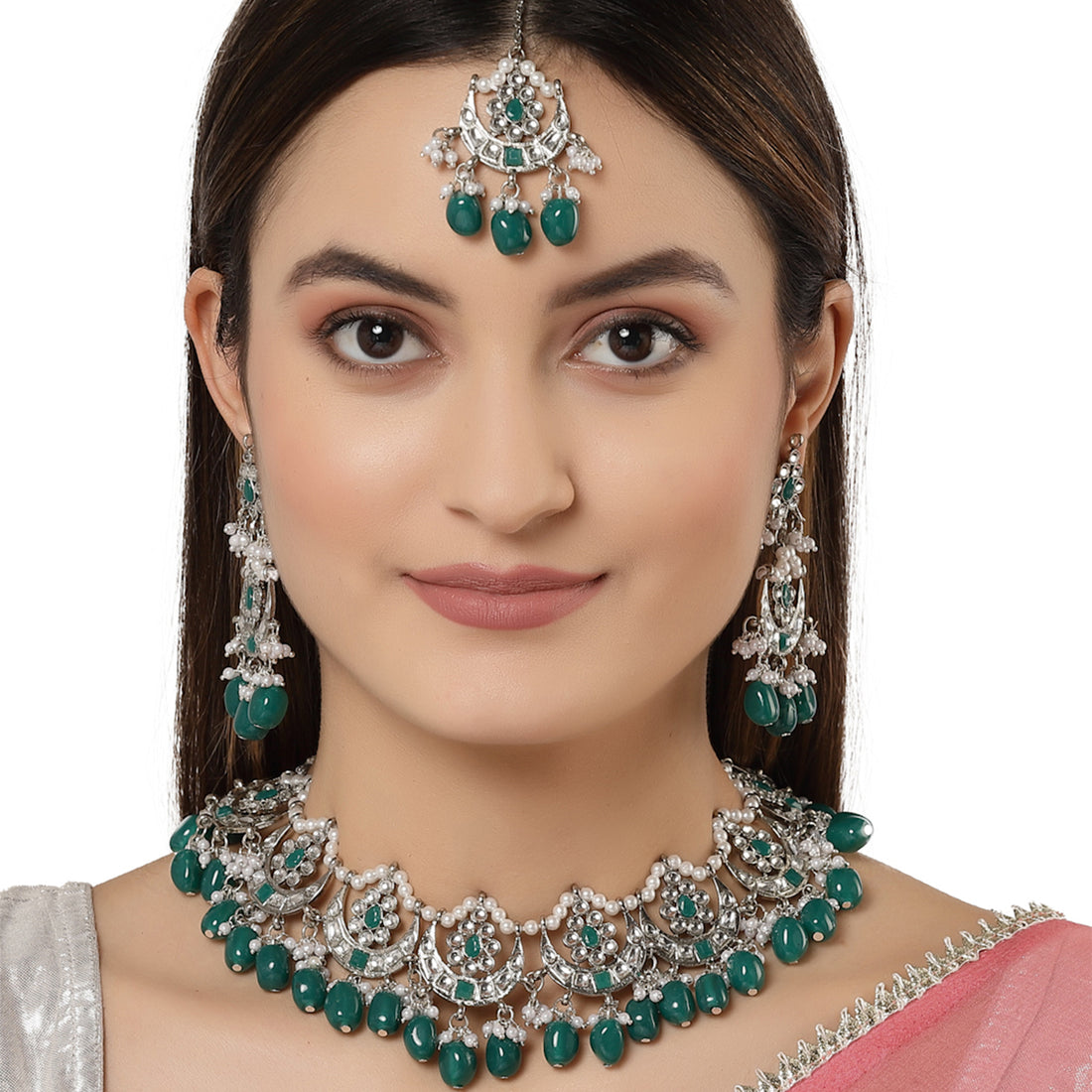 Karatcart Oxidised Silver Green Tumble Kundan Choker Necklace Setfor Women