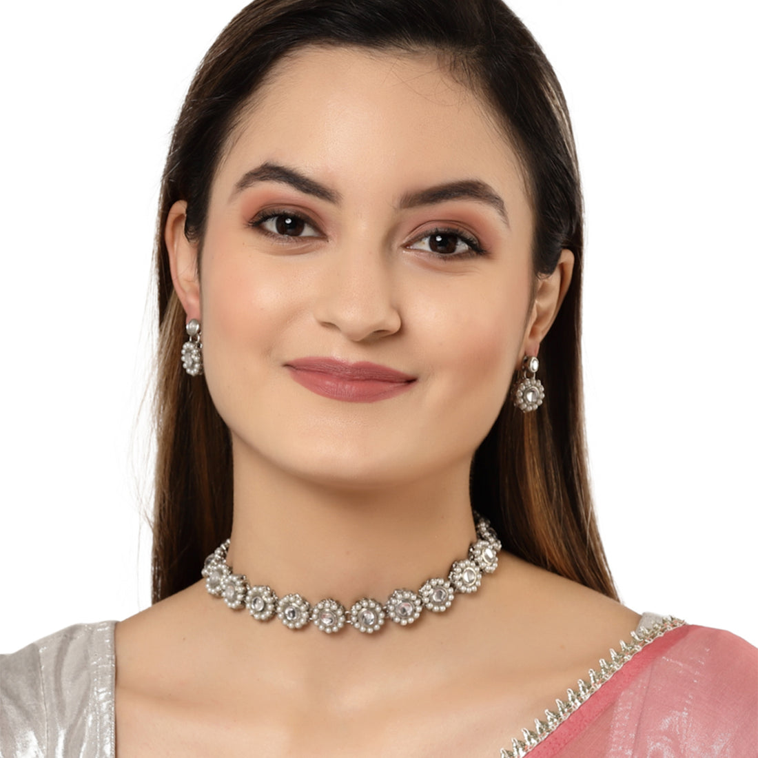 Karatcart Oxidised Silver White Kundan and Pearl Choker Necklace Setfor Women