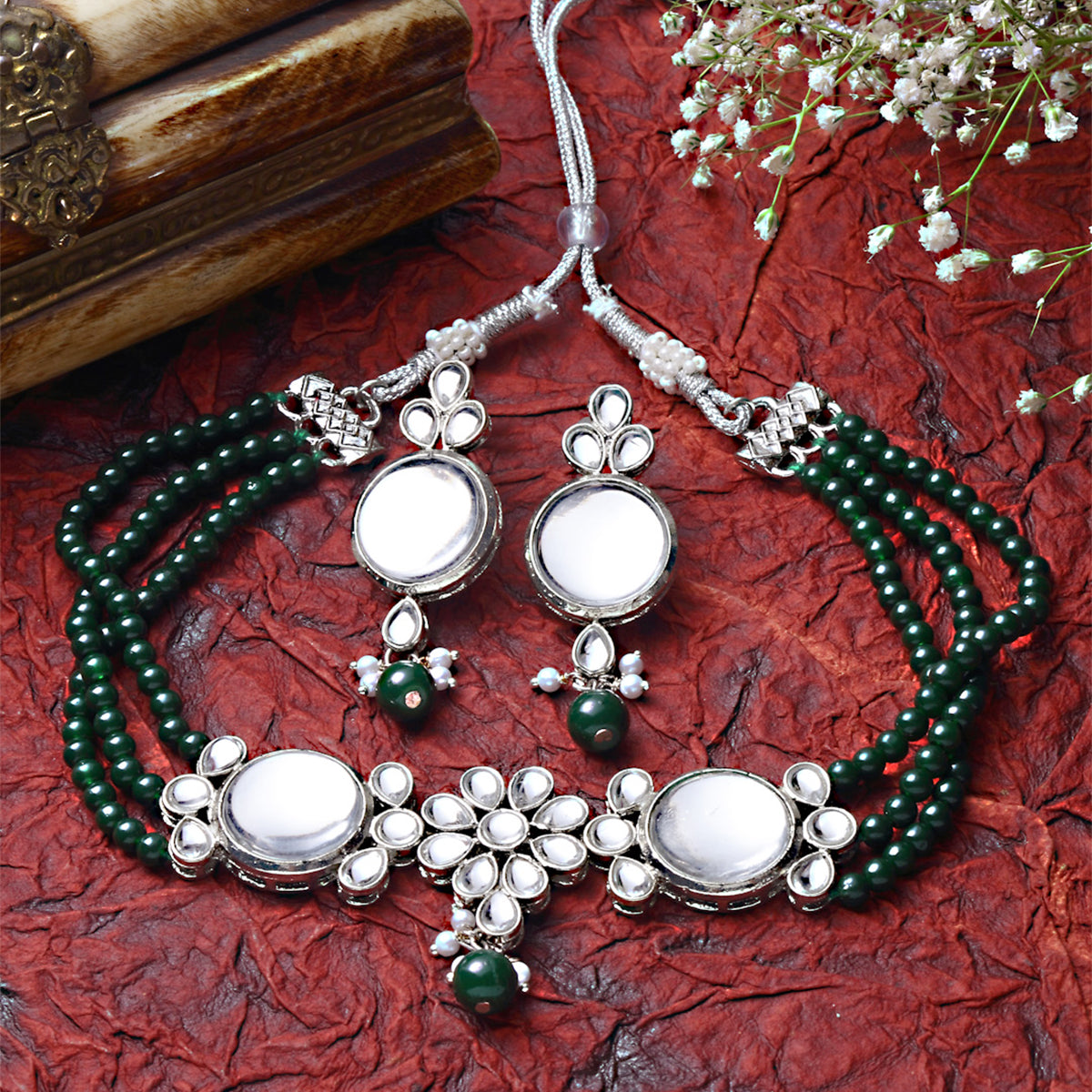 Karatcart Oxidised Silver Green Multistrand Embellished Choker Necklace Setfor Women