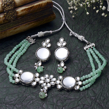 Karatcart Oxidised Silver Light Green Multistrand Embellished Choker Necklace Setfor Women