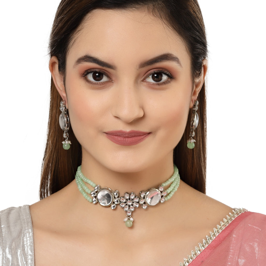 Karatcart Oxidised Silver Light Green Multistrand Embellished Choker Necklace Setfor Women