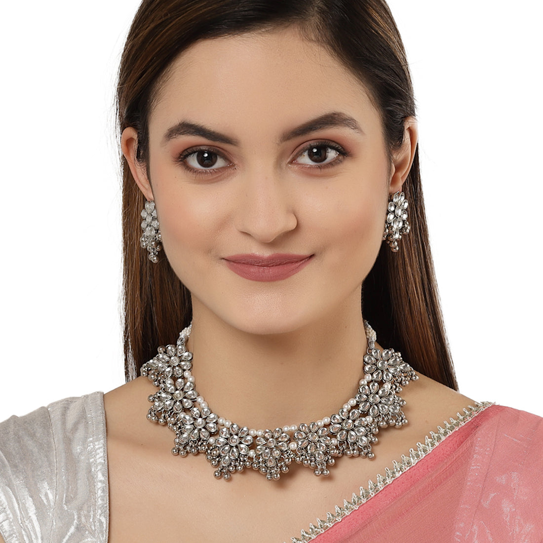 Karatcart Oxidised Silver Tone Silver Ball Studded Kundan Choker Necklace Setfor Women