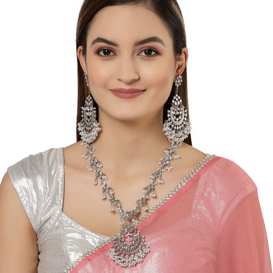 Karatcart Oxidised Silver White Tassel Kundan Rani Haar Necklace Setfor Women