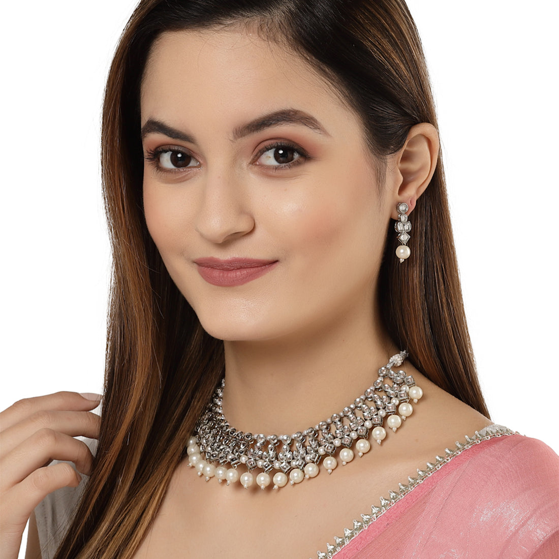 Karatcart Oxidised Silver Pearl Kundan Choker Necklace Setfor Women