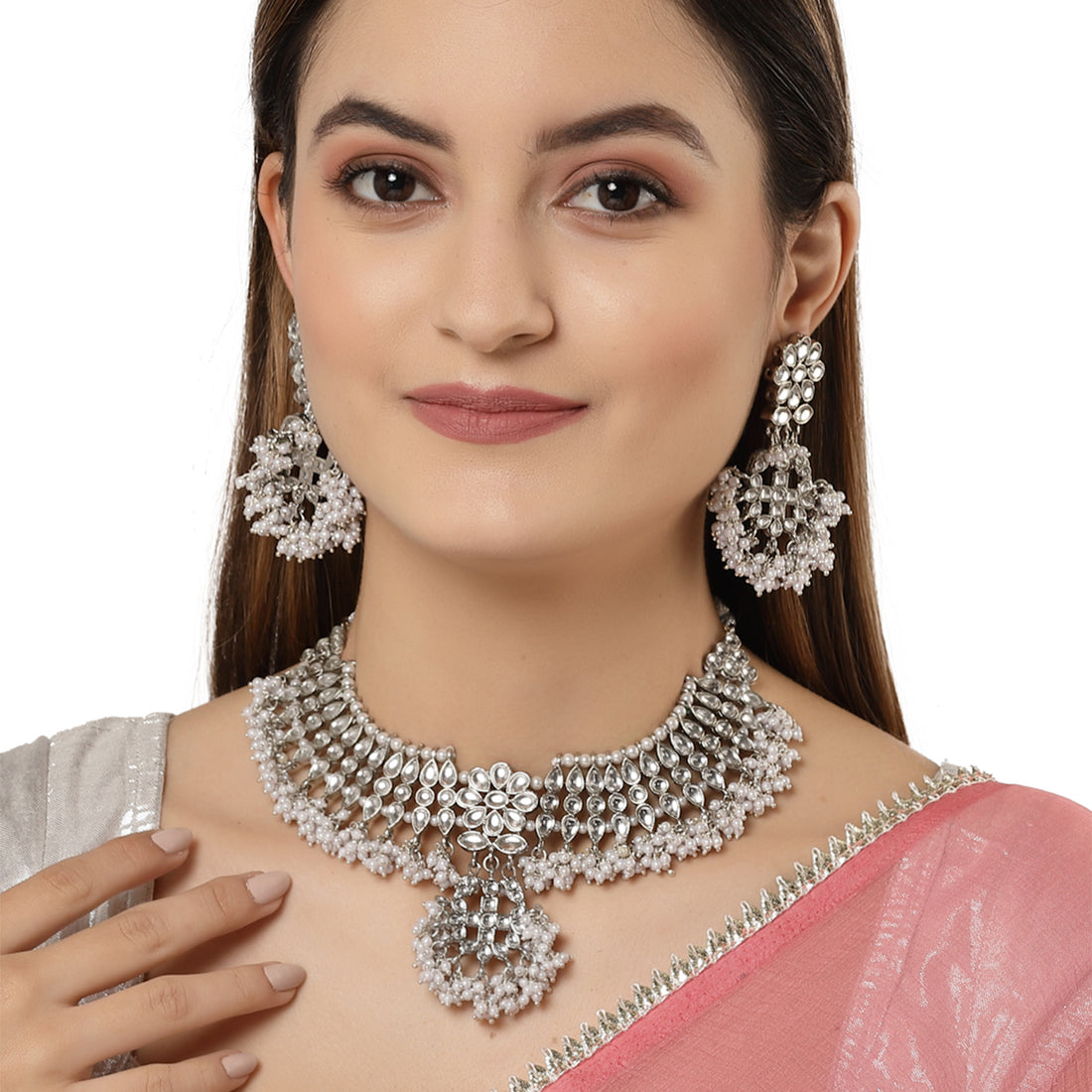 Karatcart Oxidised Silver Tassel Pearl Kundan Choker Necklace Set for Women